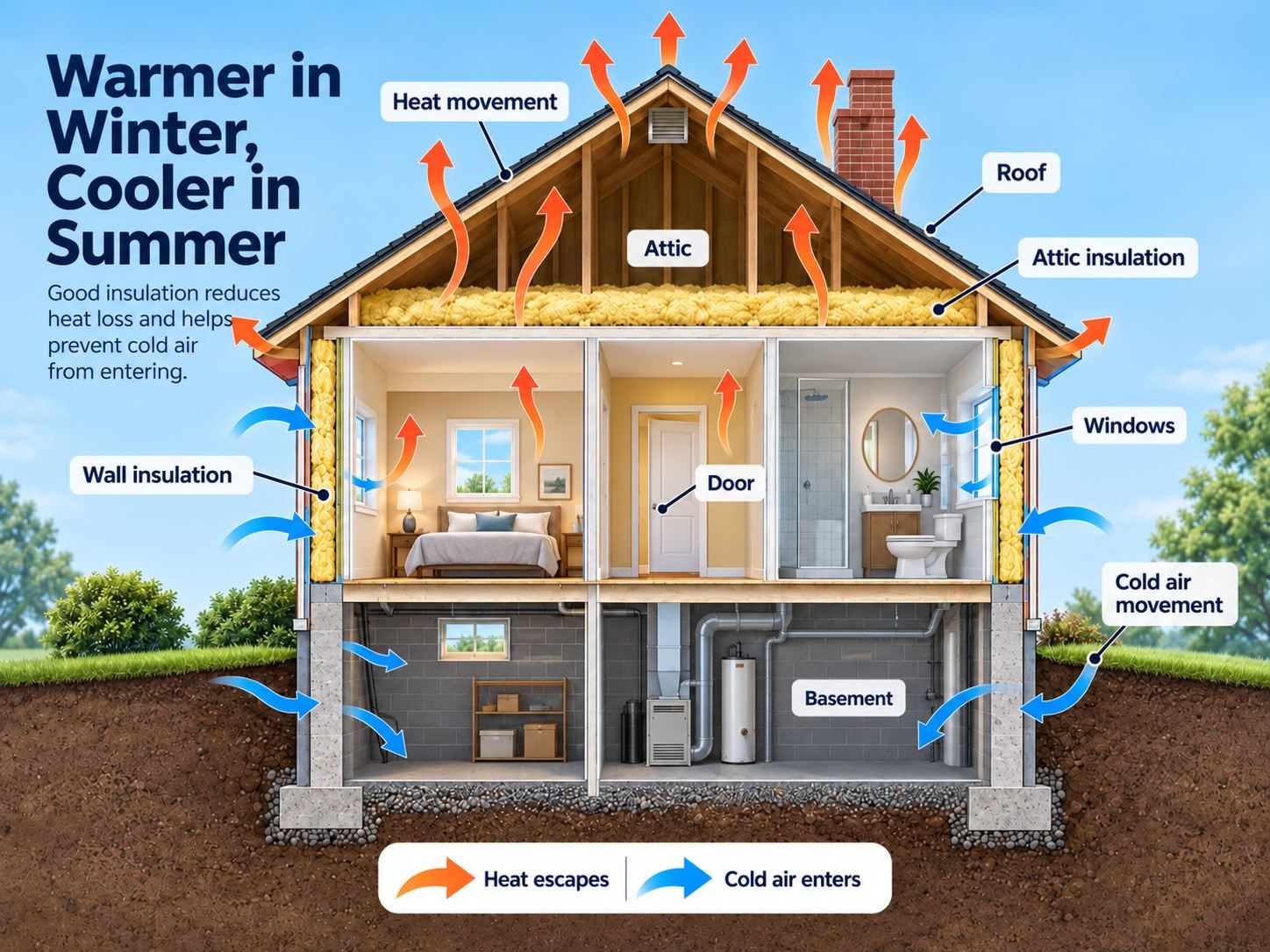 Corte de una casa que muestra cómo se escapa el calor por el ático, las paredes y las ventanas y cómo entra el aire frío, con aislamiento en el ático y las paredes